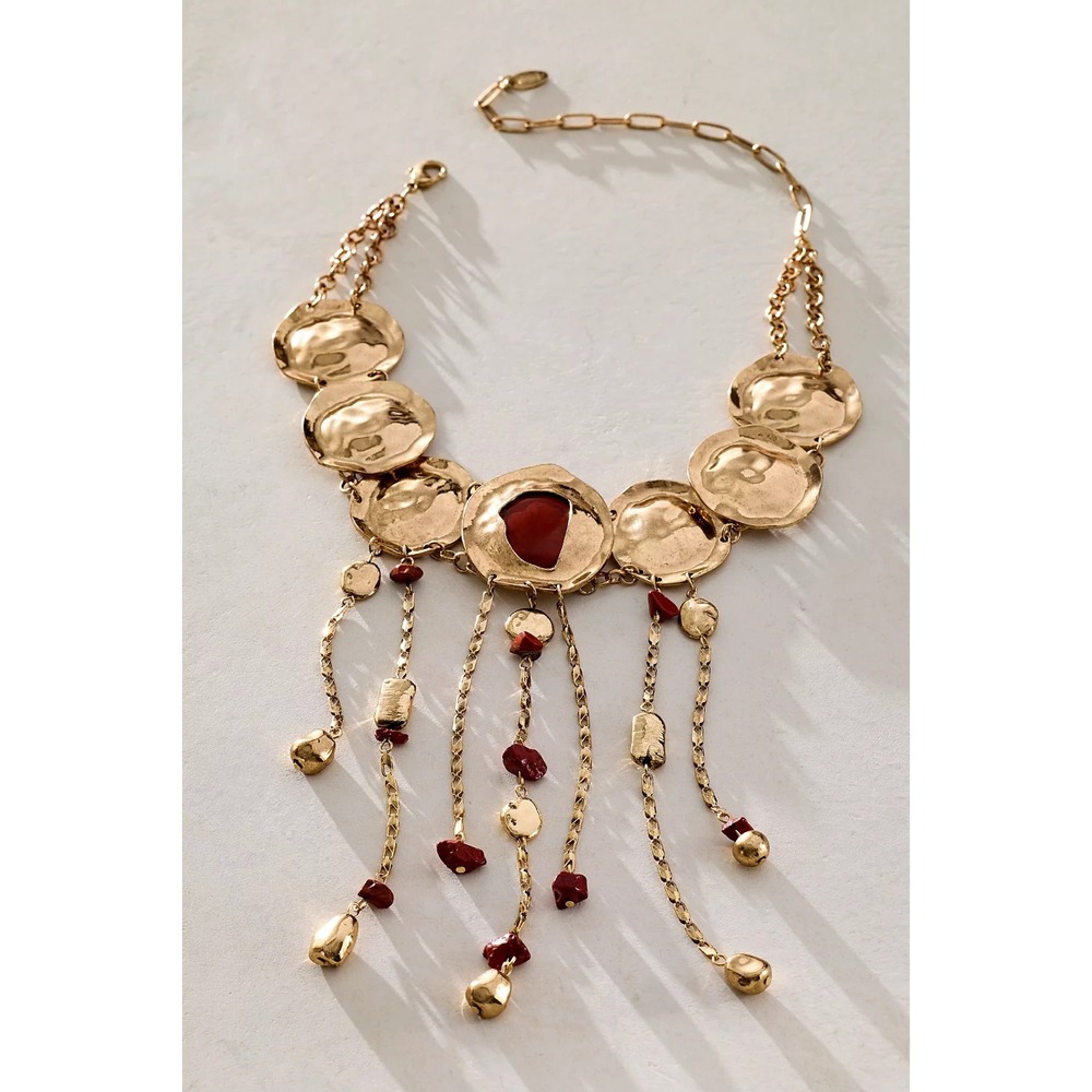 Free People Speak Up Statement Layer Necklace in Gold NWT Ruby Red